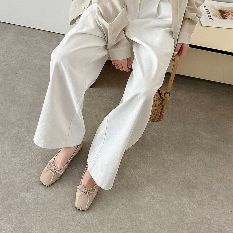Karin Luna In Stock In Stock  Wrinkled Square Toe Patchwork Breathable Mesh Bow Granny Shoes