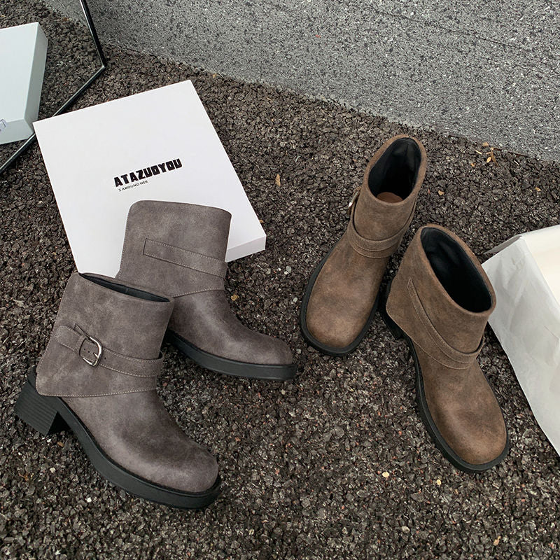 Karin Luna In Stock Spot Goods Versatile Basic Round Toe Belt Buckle Thick Sole Tube Boots