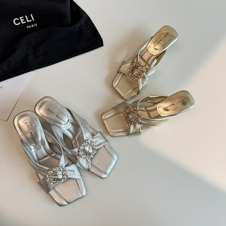 Karin Luna In Stock In Stock Elegant Square-Toe Cross-Strap Rhinestone Square-Toe Slippers