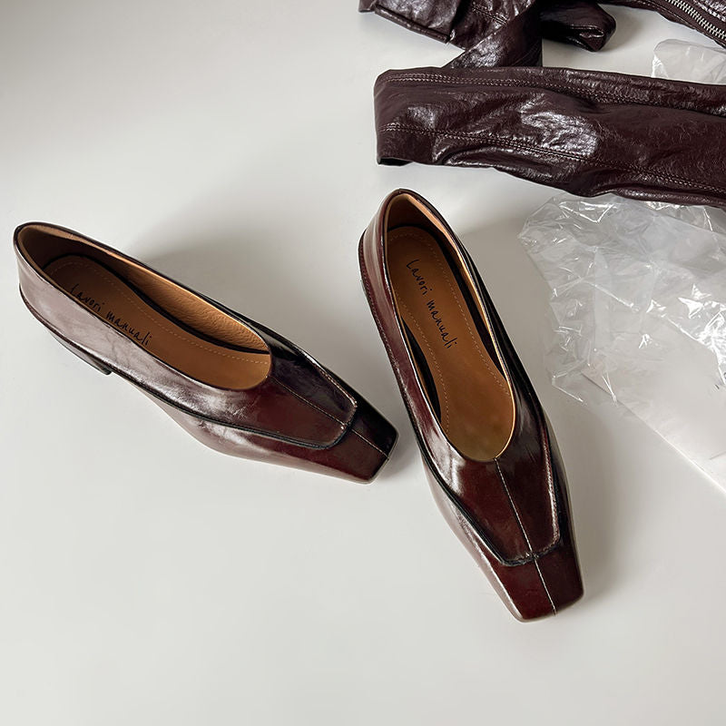 Karin Luna In Stock Spot Goods  Retro Full Leather Square Toe Shallow Mouth Single Shoes