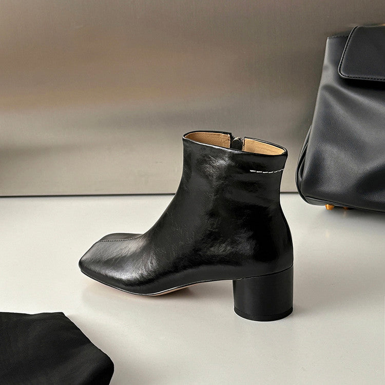 Karin Luna French Style Square Toe Chunky Heel Ankle Boots