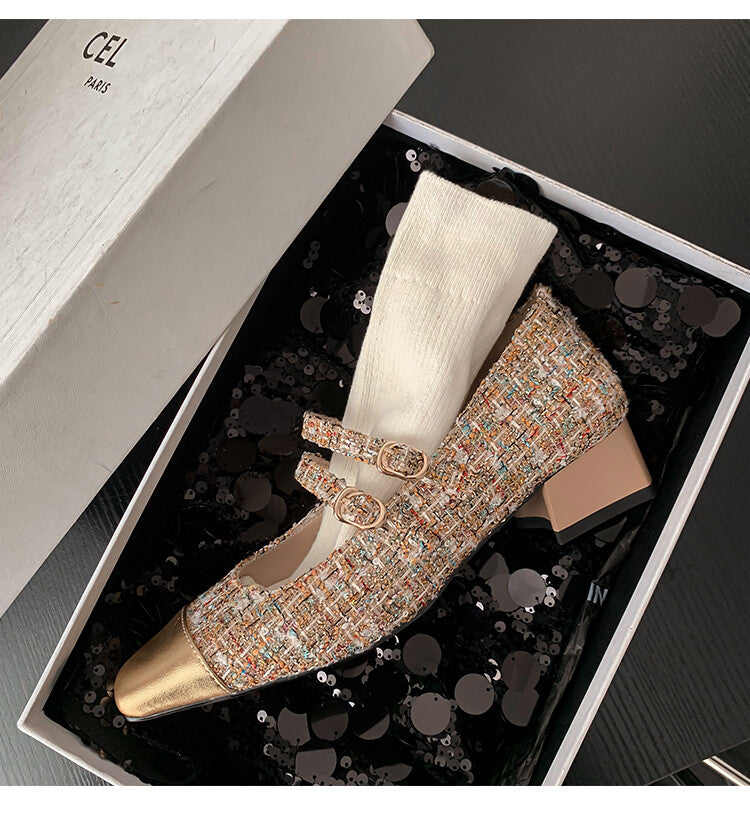 Karin Luna Classic Chanel Style~ Tweed Spring Limit Square Toe Chunky Heel Mary Jane Strap Single Shoes