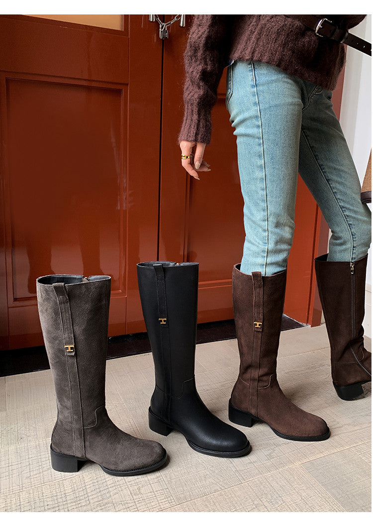 Karin Luna In Stock Spot Goods Basic Retro Square Toe Chunky Heel Riding Boots