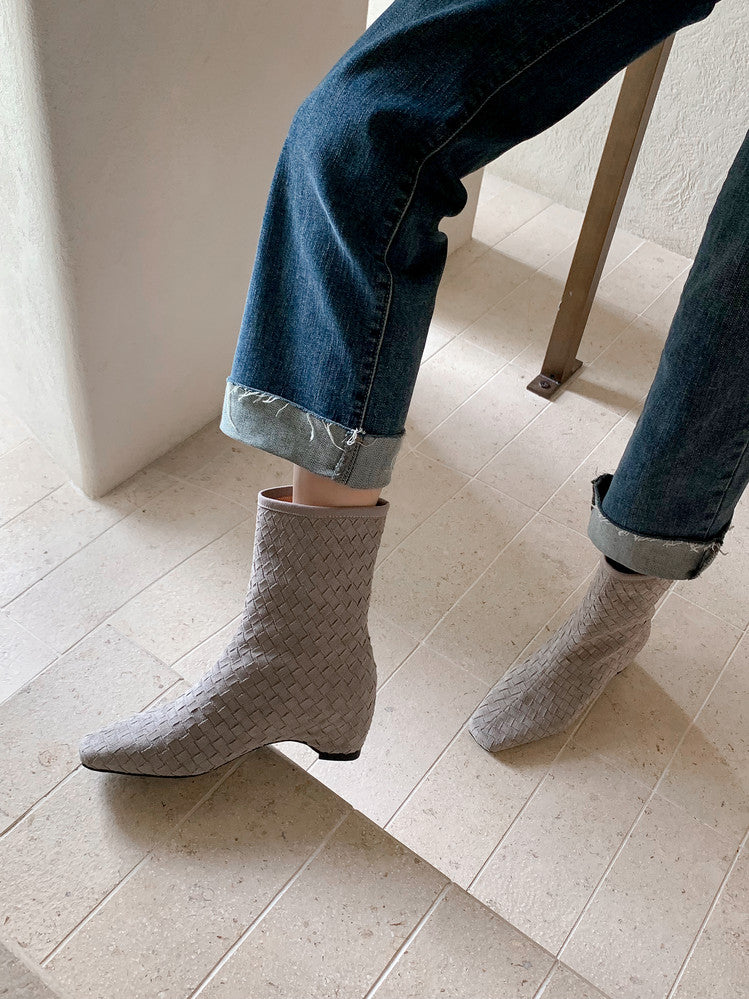 Karin Luna Handmade Woven Fabric Small Square Toe Hidden Heel Short Boots