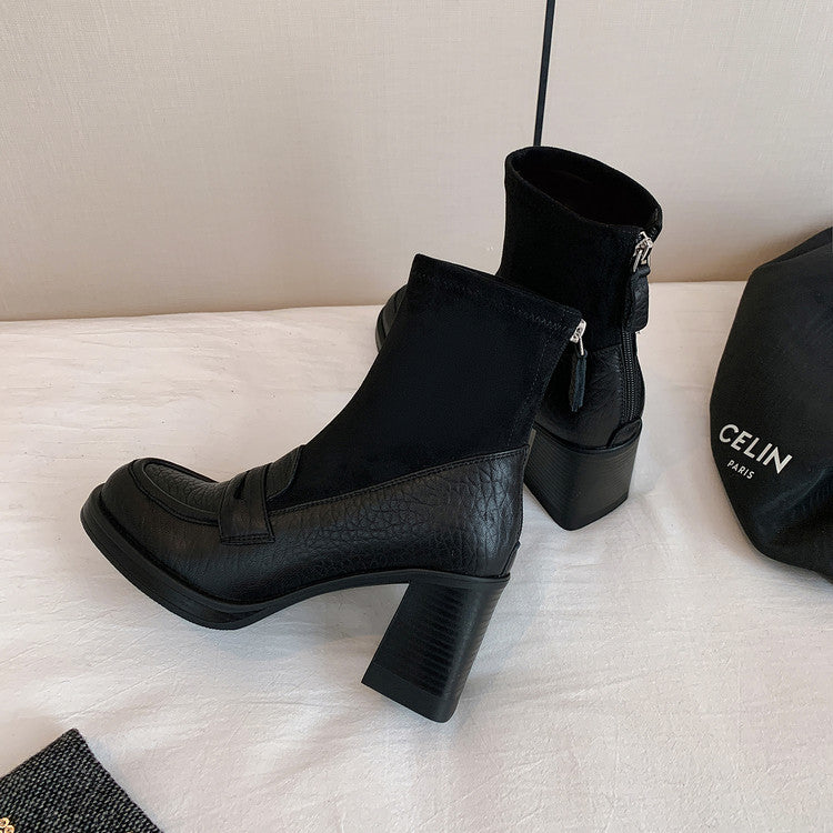 Karin Luna Hot-Selling Element Round Toe Elephant Pattern Elastic Thick Heel Short Boots