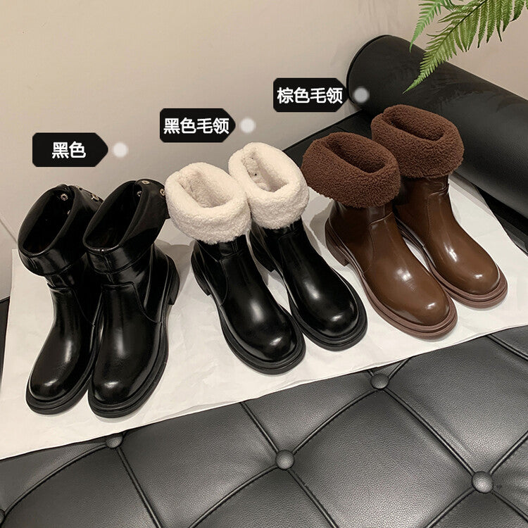 Karin Luna Classic Basic Style   Convertible Foldable Hidden Buckle Snow Fur Shoes Full cowhide Basic Flat Short Boots
