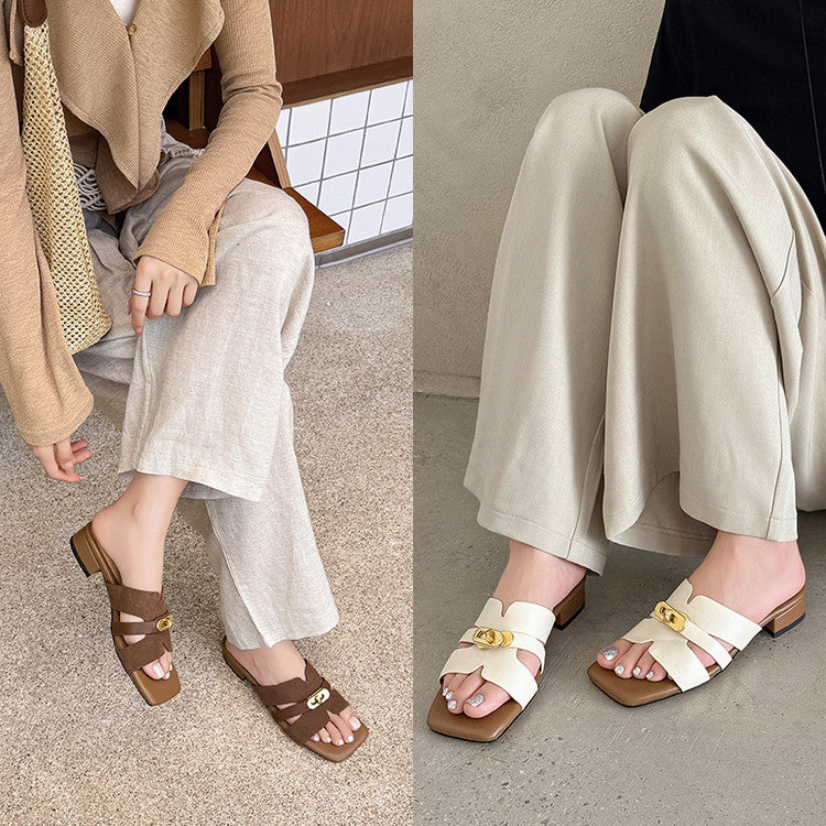 Karin Luna Comfortable Gold Buckle Square Toe Chunky Heel Casual Style Slippers