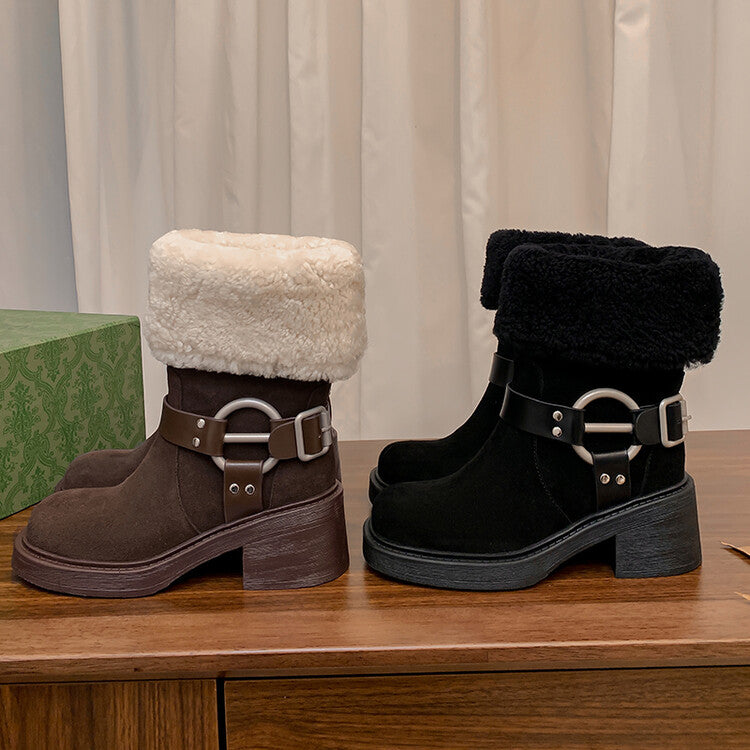 Karin Luna Genuine Lamb Wool and Cowhide Leather Hot-selling Metal Buckle Round Toe Chunky Heel Main Push Main Push