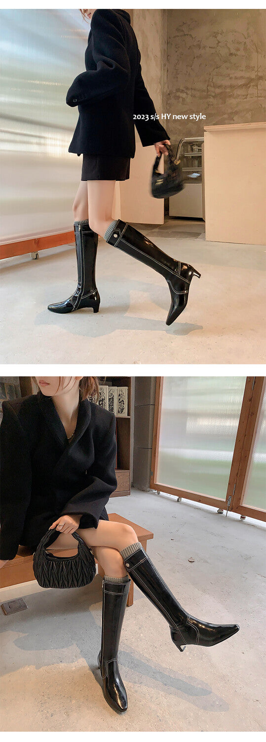 Karin Luna In Stock Spot Goods  Vintage Open Stitch Small Square Toe High Heel Side Zipper Riding Boots