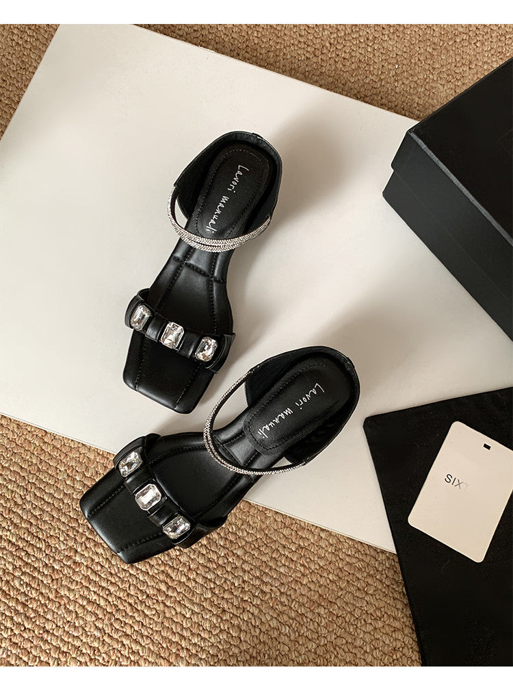 Karin Luna Bestseller Popular Rhinestone Ribbon Square Toe Slippers