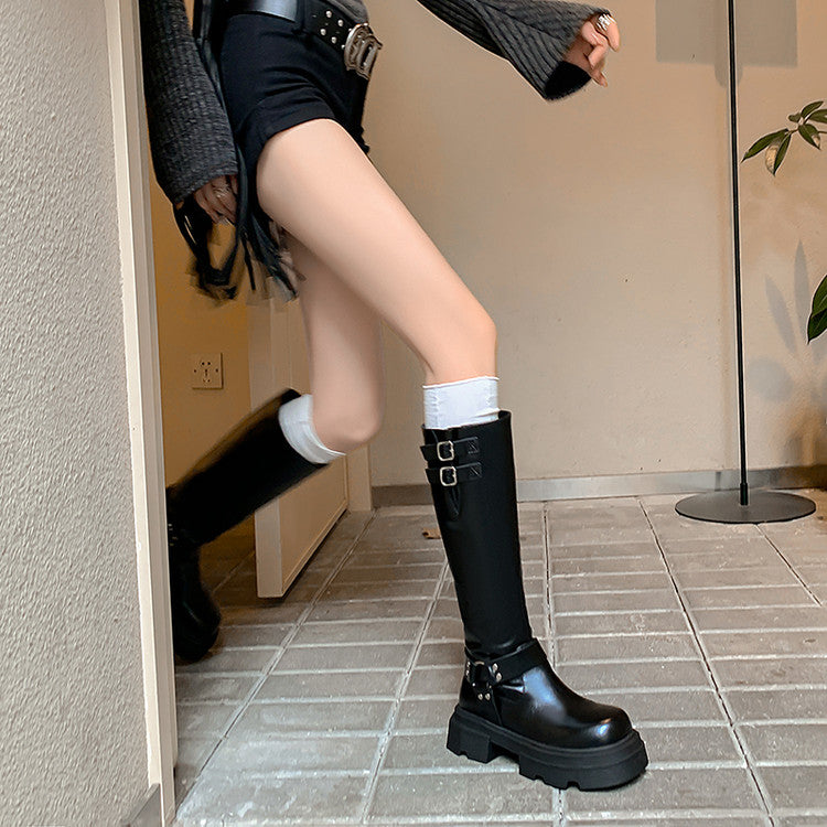 Karin Luna In Stock In Stock  Classic Casual Style Belt Buckle Thick Sole Round Toe Knight Boots Thick Sole