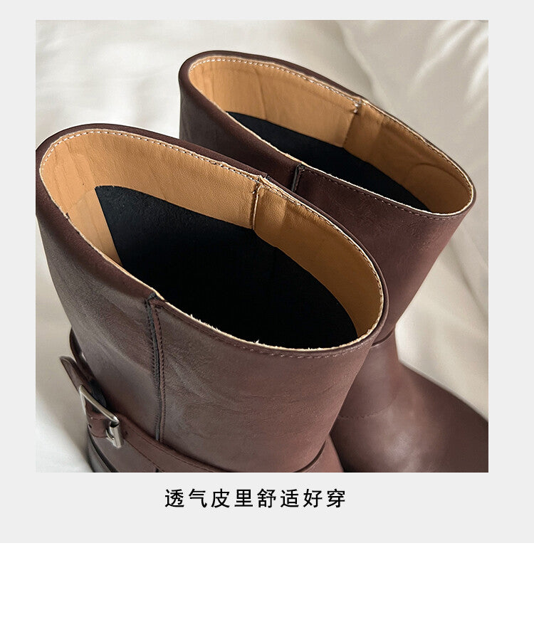 Karin Luna Belt Buckle Chunky Heel Fashion Short Boots
