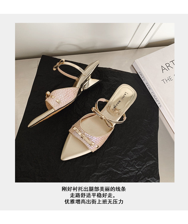 Karin Luna Fish Skin Series~Pointed Toe Irregular Heel Bowknot Strap Slippers