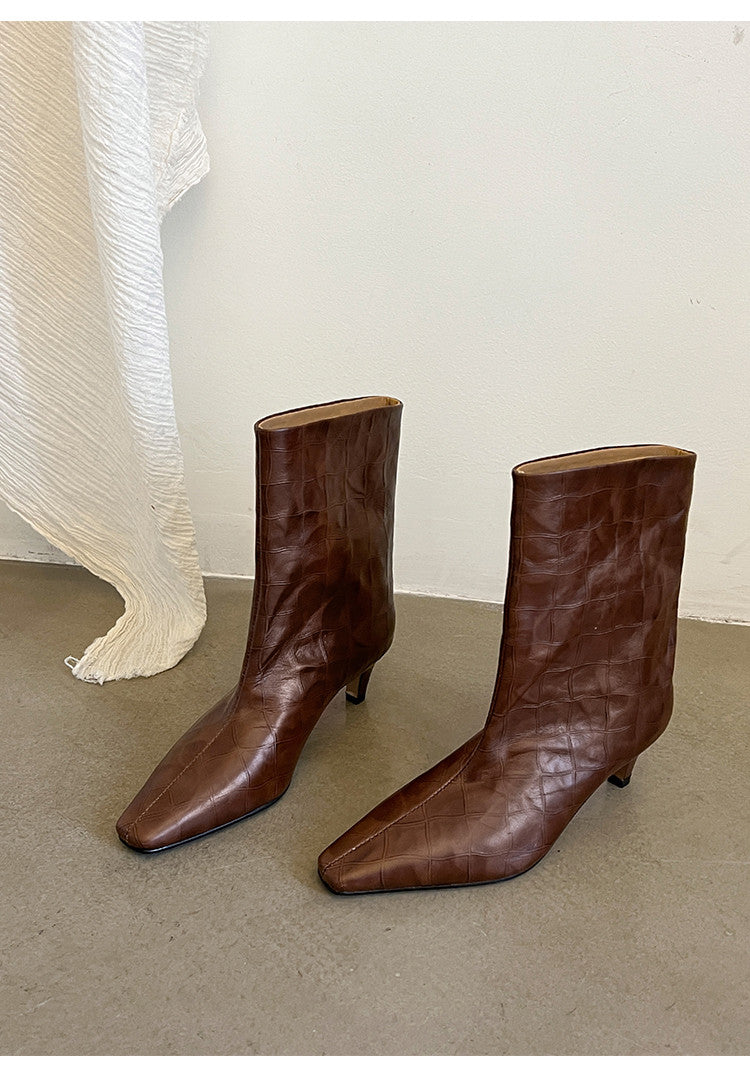 Karin Luna In Stock Spot Goods Top Layer Stone Pattern Cowhide Textured Small Square Toe Straight Short Boots