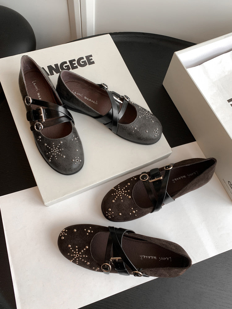Karin Luna In Stock Spot Goods Studded Rivet Hidden Wedge Mary Jane Shoes