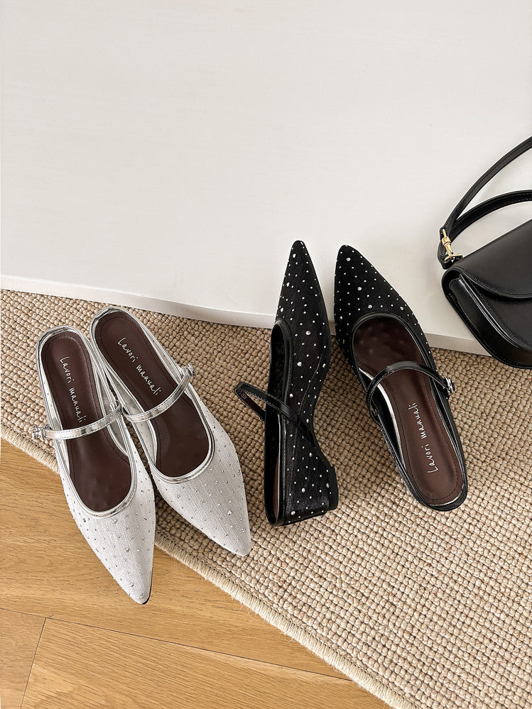 Karin Luna In Stock Spot Goods  Breathable Mesh Fabric Embellished Hand Drill Pointed Toe Slippers