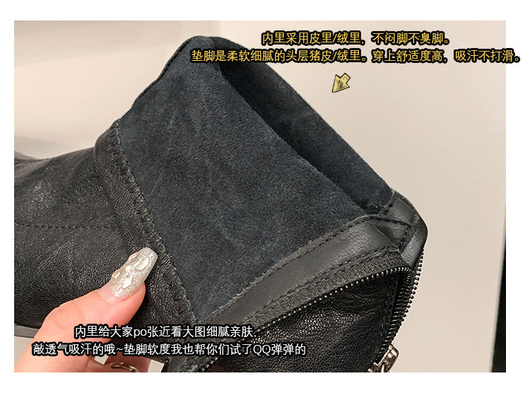 Karin Luna Elegant Style Pointed Toe Chunky Heel Short Boots