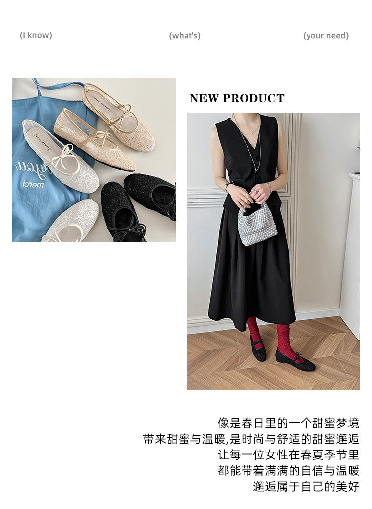 Karin Luna In Stock Spot Goods  Summer Breathable Retro Embroidered Bow Granny Shoes