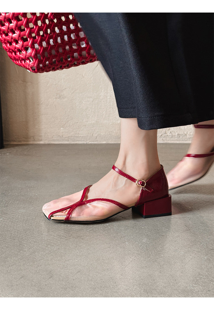 Karin Luna In Stock In Stock  Internet Celebrity Style Square Toe Mesh Chunky Heel Sandals