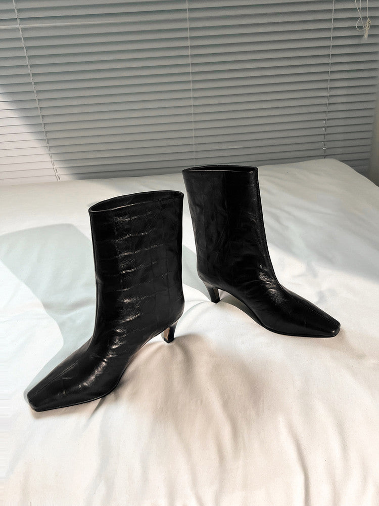Karin Luna In Stock Spot Goods Top Layer Stone Pattern Cowhide Textured Small Square Toe Straight Short Boots