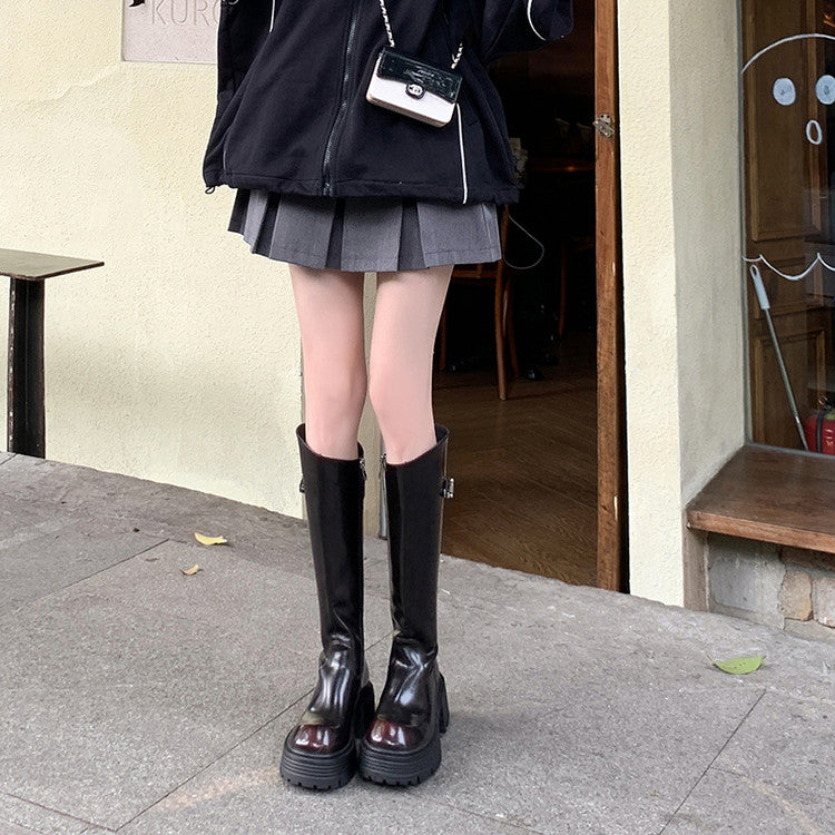 Karin Luna In Stock In Stock  Round Toe Thick Sole Belt Buckle Side Zipper Knight Boots