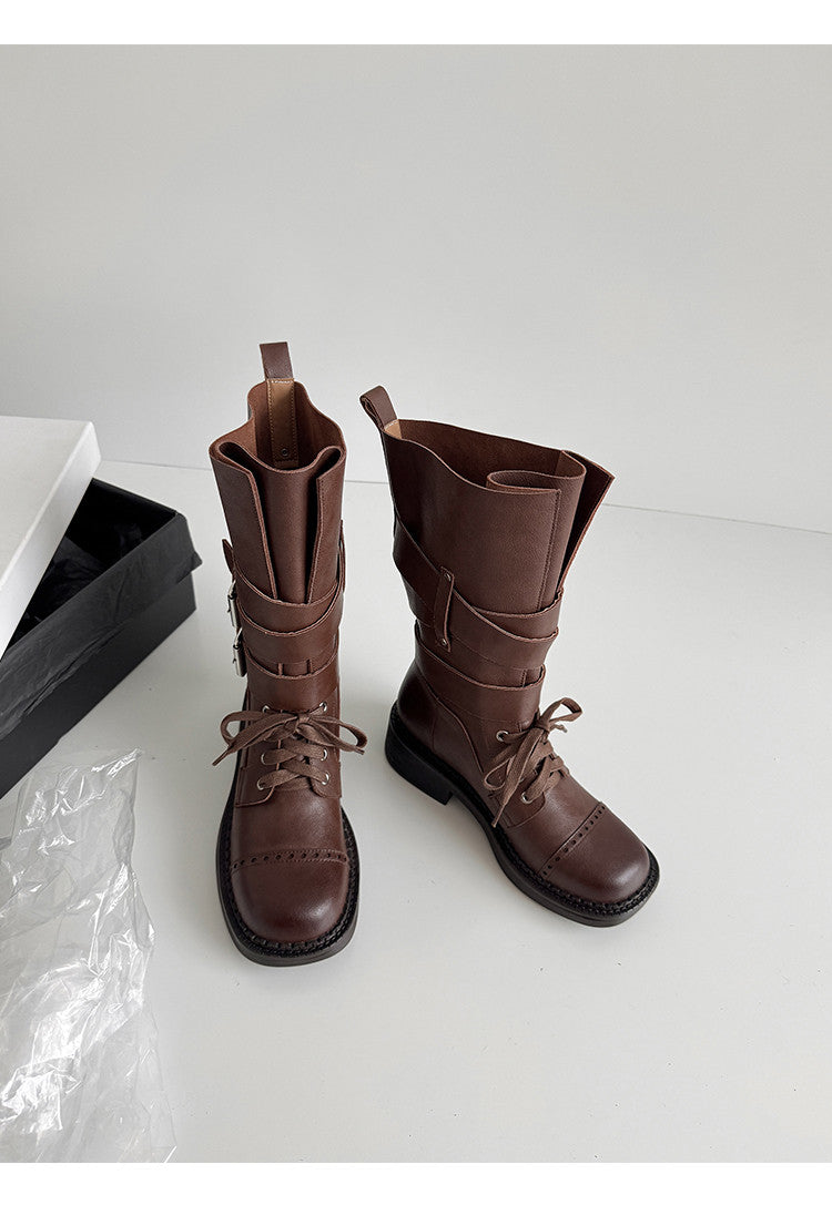 Karin Luna Bestseller Hot-Selling Large Tube Leather Belt Buckle Round Toe Thick-Soled Short Boots