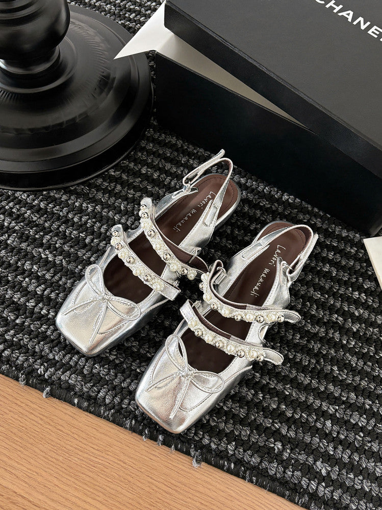 Karin Luna In Stock In Stock  Square Toe Bowknot Pearl Strap Closed-Toe Sandals