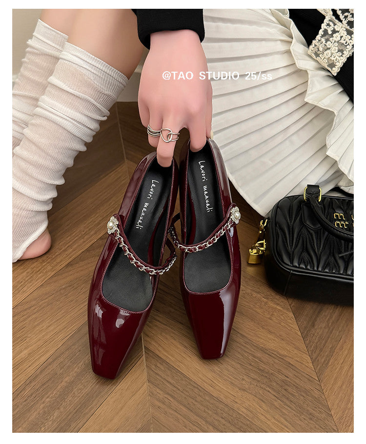 Karin Luna In Stock In Stock ~Metal One-Strap Pearl Small Square Toe Height-Increasing Flats