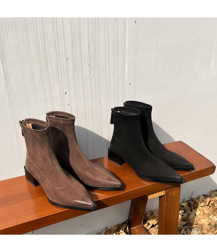 Karin Luna In Stock In Stock Elastic Slim Pointed Toe Chunky Heel Basic Ankle Boots