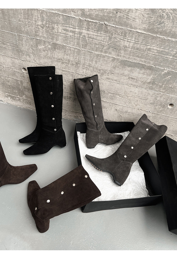 Karin Luna Bestseller Hot-Selling Hidden Buckle Lazy Style Square-Toe Height-Increasing Suede Western Boots