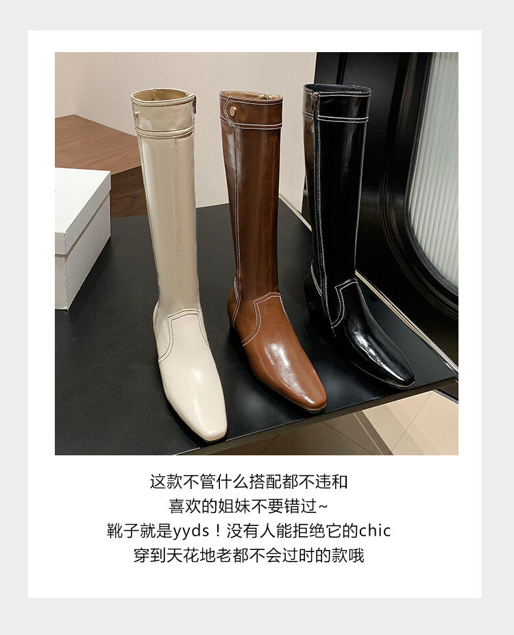 Karin Luna In Stock Spot Goods  Vintage Open Stitch Small Square Toe High Heel Side Zipper Riding Boots
