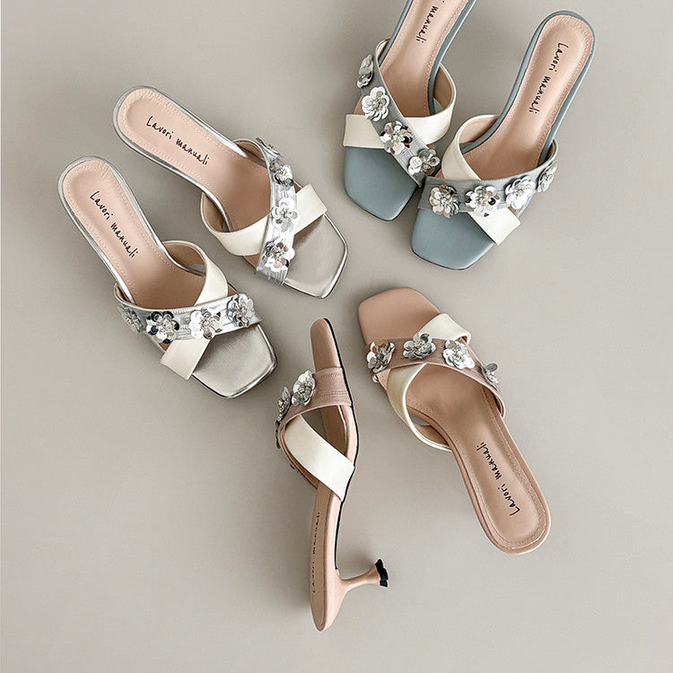 Karin Luna In Stock Spot Goods  Sequin Floral Cross Strap Square Toe Stiletto Slippers