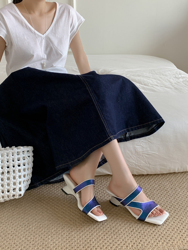 Karin Luna Fish Skin Series~Minimalist Square Toe Popular Irregular Heel Slippers