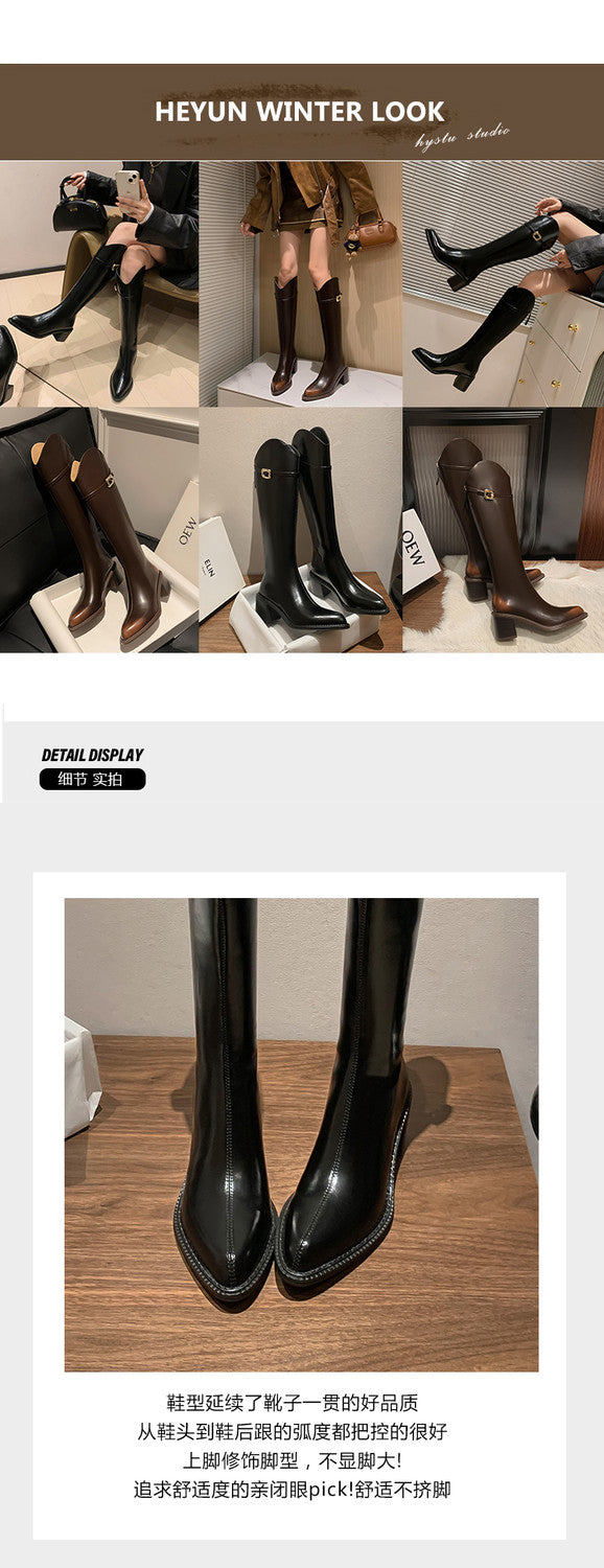 Karin Luna Classic Model In Stock Spot Goods  Elegant Belt Buckle Pointed Toe Chunky Heel Long Boots