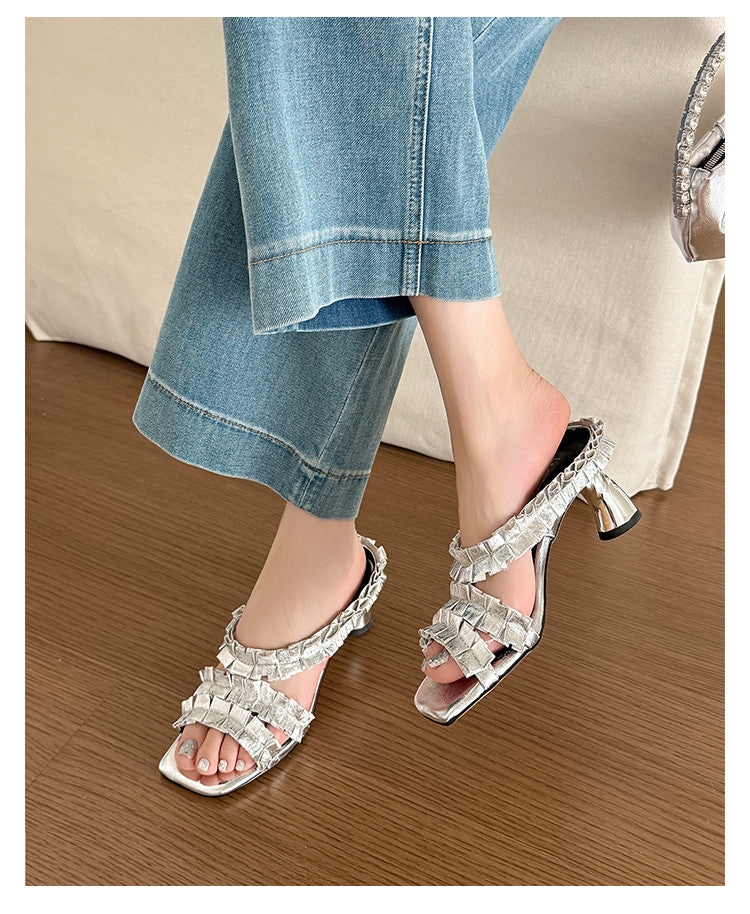 Karin Luna In Stock  Spot Goods  Unique Square-Toe Pleated Lace Sandals