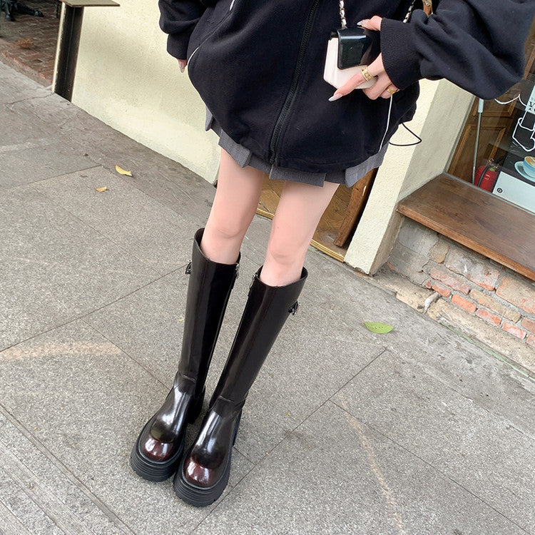 Karin Luna In Stock In Stock  Round Toe Thick Sole Belt Buckle Side Zipper Knight Boots