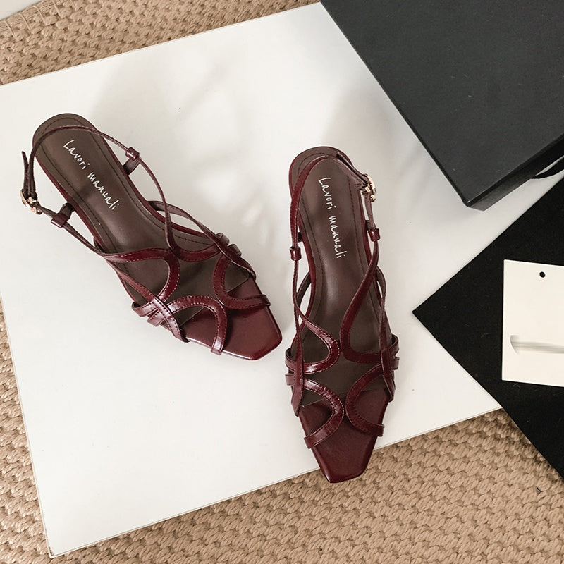 Karin Luna French Hollow Style Small Square Toe Chunky Heel Sandals