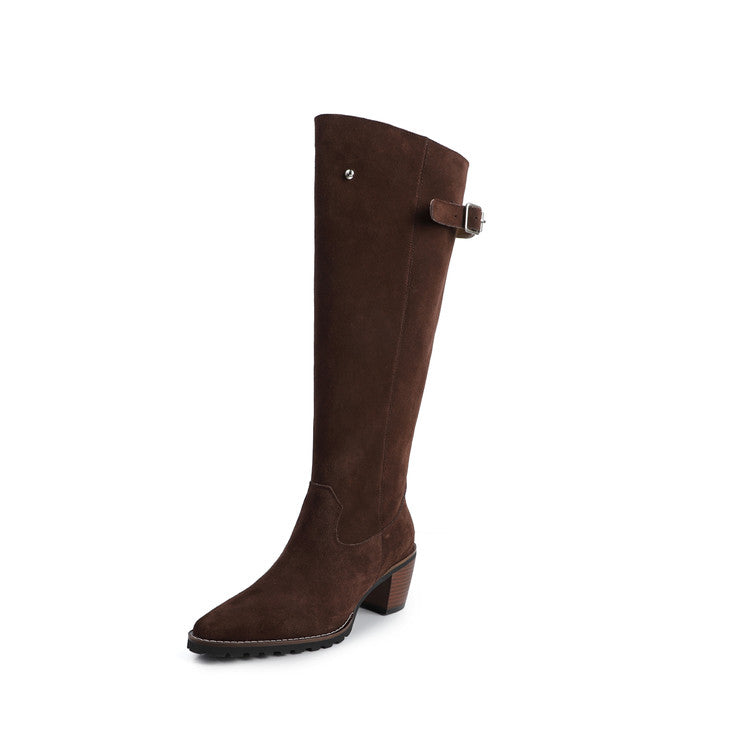 Karin Luna In Stock Spot Goods Retro Cowhide Leather Chunky Heel Suede Long Boots