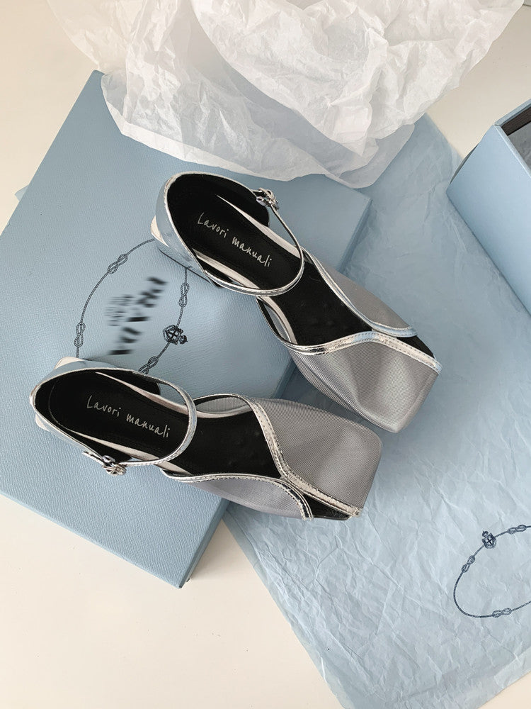 Karin Luna In Stock In Stock  Internet Celebrity Style Square Toe Mesh Chunky Heel Sandals