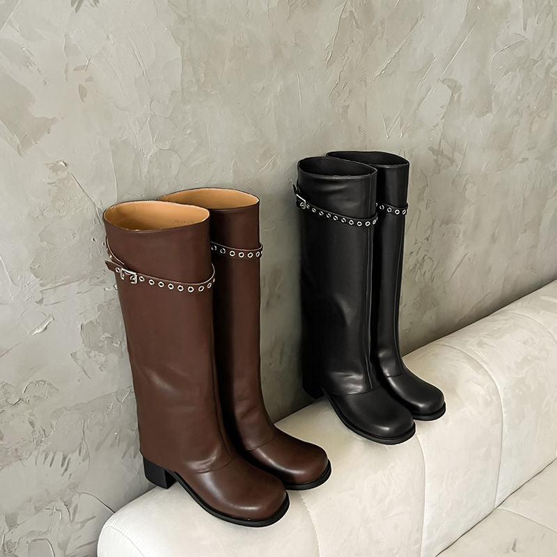 Karin Luna In Stock Spot Goods Belt Buckle Color-Washed Casual Thick-Soled Bootcut Pants Boots