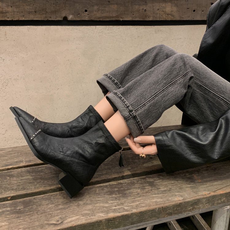 Karin Luna In Stock In Stock Slim Boots Series~Pointed Toe Rivet Slim Short Boots