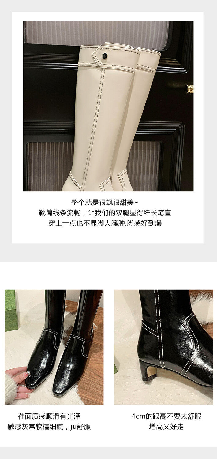 Karin Luna In Stock Spot Goods  Vintage Open Stitch Small Square Toe High Heel Side Zipper Riding Boots