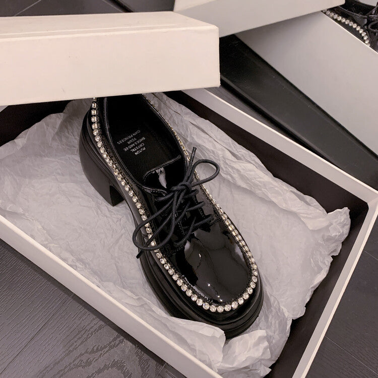 Karin Luna In Stock In Stock  Rhinestone Shoe Edge Trim Lace-up Thick Sole Loafers Best-selling in stock