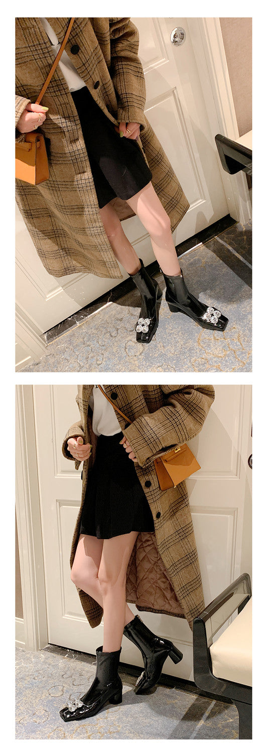 Karin Luna In Stock  Elegant Style Square Toe Rhinestone Chunky Heel Ankle Boots