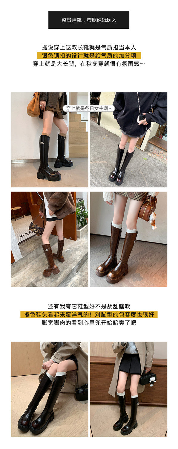 Karin Luna In Stock In Stock  Round Toe Thick Sole Belt Buckle Side Zipper Knight Boots