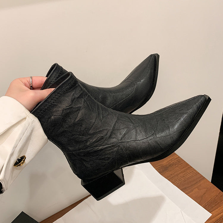 Karin Luna Elegant Style Pointed Toe Chunky Heel Short Boots