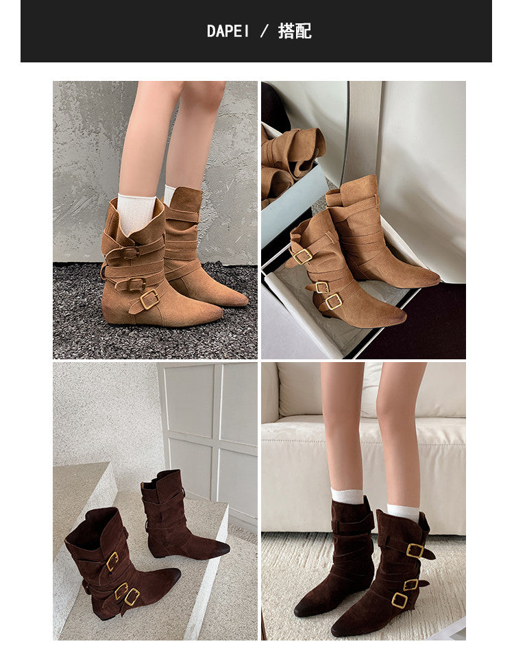 Karin Luna Height-Increasing Suede Leather Small Square Toe Belt Buckle Fashion Boots