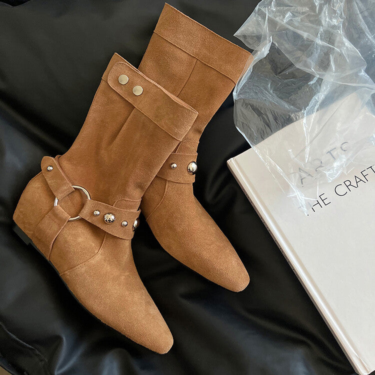 Karin Luna has prepared stock  Hot-Selling Retro Pointed Toe Wedge Metal Buckle High Tube Western Boots