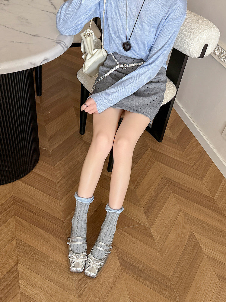 Karin Luna In Stock In Stock   Summer New Sweet Bowknot Color Block Square Toe Height-Increasing Slippers