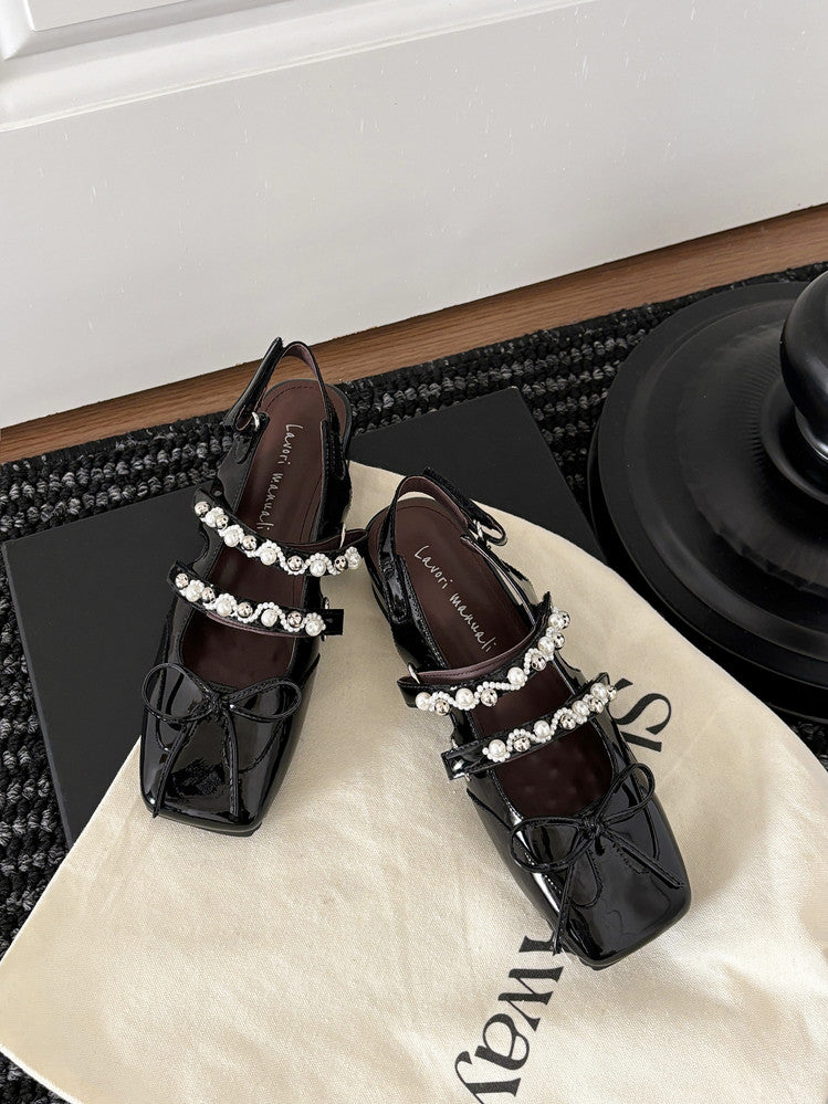 Karin Luna In Stock In Stock  Square Toe Bowknot Pearl Strap Closed-Toe Sandals